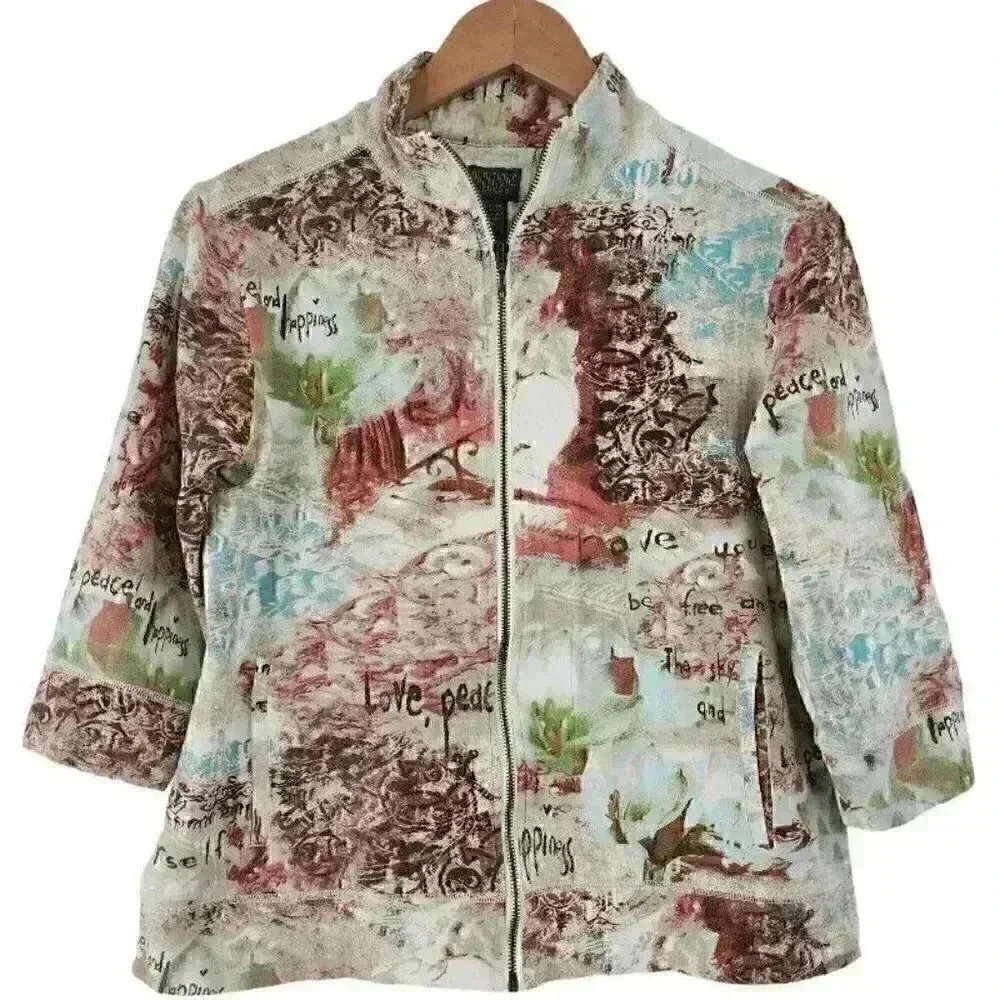 Additions by Chico's Full Zip Patterned Mock Neck Jacket Women's Size 1 Or M